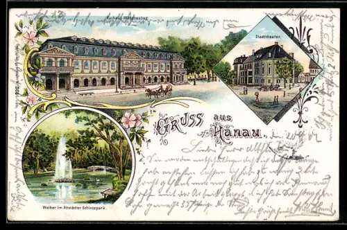 Lithographie Hanau, Stadttheater, Kurhotel Wilhelmsbad, Weiher im Schlosspark