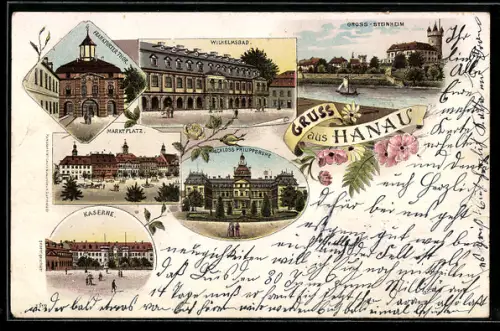 Lithographie Hanau, Marktplatz, Schloss Philippsruhe, Kaserne, Wilhelmsbad, Gross-Steinheim