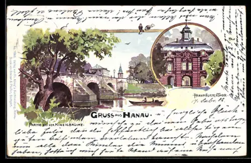 Lithographie Hanau, Kinzigbrücke, Frankfurterthor