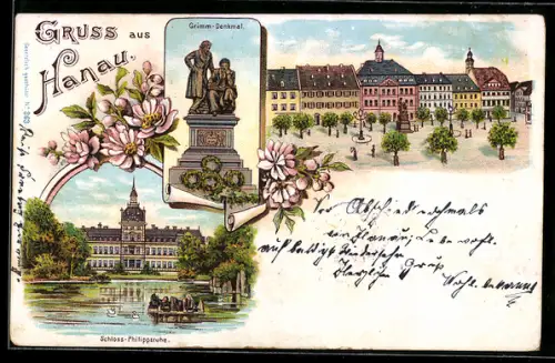 Lithographie Hanau, Schloss Philippsruhe, Grimm-Denkmal, Marktplatz