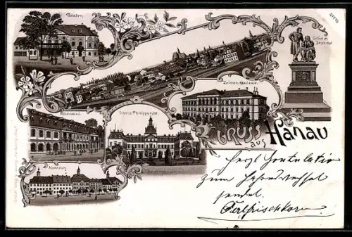 Lithographie Hanau, Theater, Schloss Philippsruhe, Grimm-Denkmal