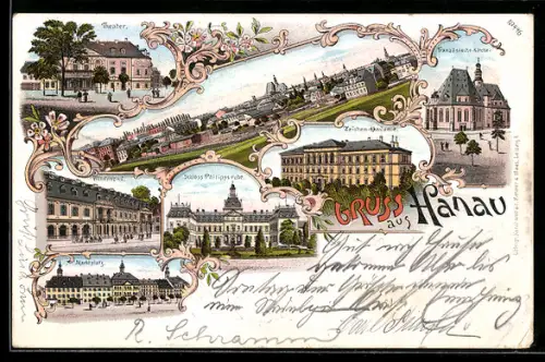 Lithographie Hanau, Theater, Französische Kirche, Schloss Philippsruhe