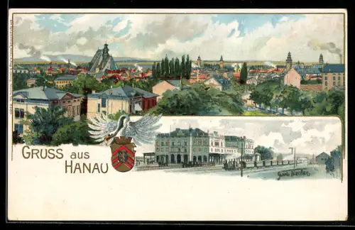 Lithographie Hanau, Ortsansicht, Bahnhof mit Eisenbahn