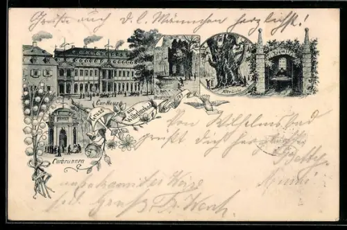 Lithographie Hanau, Kurhaus, Alte Eiche, Kurbrunnen