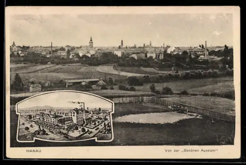 AK Hanau, Panorama von der Schönen Aussicht, Fabrikansicht
