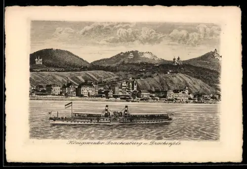 AK Königswinter, Drachenburg, Drachenfels, Dampfschiff auf dem Rhein