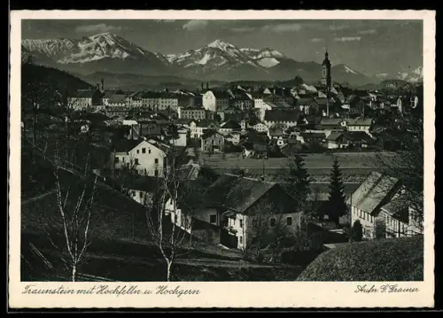 AK Traunstein, Ortsansicht mit Hochfelln und Hochgern