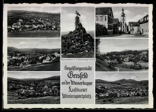 AK Gersfeld, Fliegerdenkmal an der Wasserkuppe, Kirche, Ortsansichten