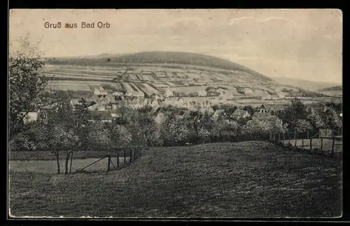AK Bad Orb, Ortsansicht, Felder, Hügel