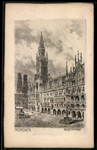 Künstler-AK München, Neues Rathaus mit Brunnen