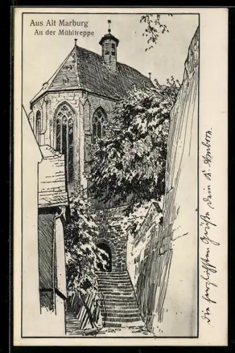 Künstler-AK Ubbelohde: Alt-Marburg, An der Mühltreppe