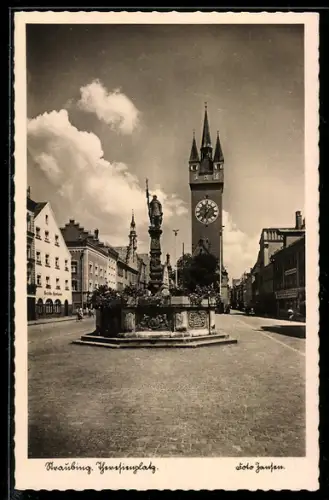 AK Straubing, Theresienplatz mit Stadtturm