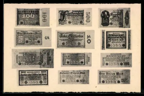 AK verschiedene Geldscheine der Reichsbank