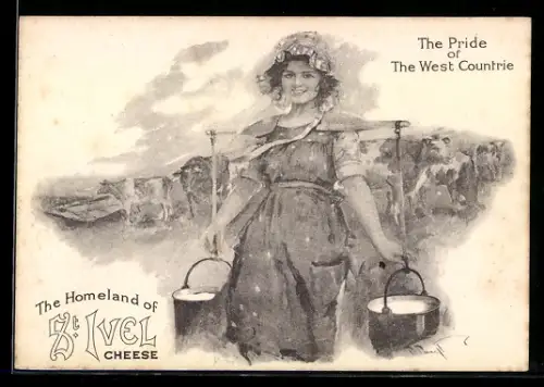 AK St. Ivel Cheese, Frau mit Eimern voller Milch
