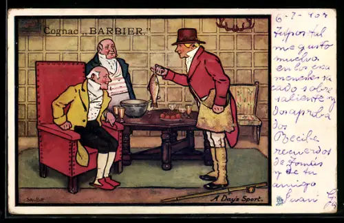 Künstler-AK Cognac Barbier, Männer mit Gläsern an einem Tisch