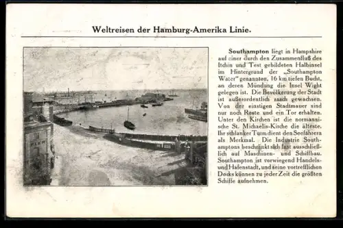 AK Southampton, Blick auf den Hafen, Reklame der Hamburg-Amerika Linie