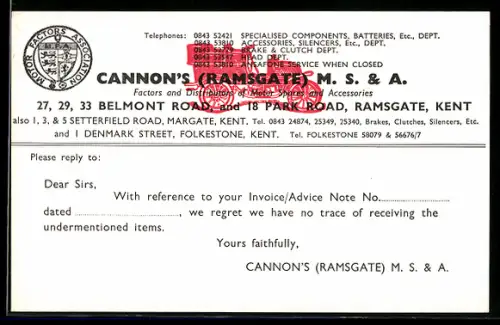 AK Ramsgate /Kent, Cannon`s M. S. & A., Belmont Road 27-33, Motor Spares and Accessories