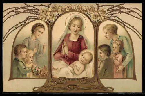 AK Maria mit Jesusknaben umringt von Leuten unterm Rosenbogen, Jugendstil