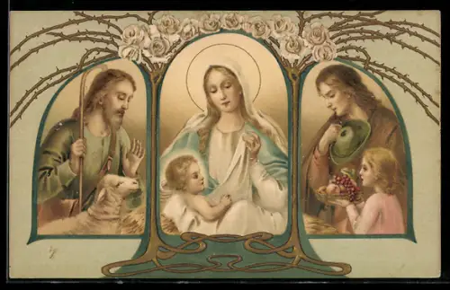 AK Maria mit Jesusknaben, Schäfer und Kind unterm Rosenbogen, Jugendstil