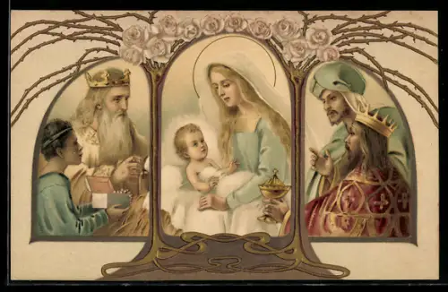 AK Die Heiligen Drei Könige kommen zu Maria und dem Jesuskind, Jugendstil