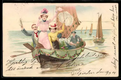 Lithographie Gruppe in einem Ruderboot auf einem See