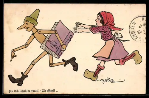 Künstler-AK Pinocchio klaut einem Mädchen ihr Buch, Holzspielzeug