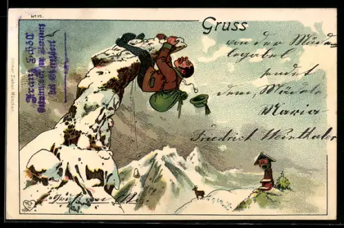 Lithographie Bergsteiger steckt auf einem Felsen fest