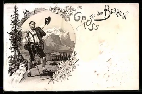 Lithographie Bergsteiger grüsst mit seinem Hut