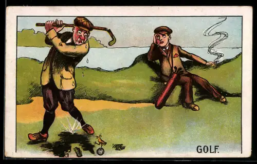 AK Weinender Golf-Spieler mit zerbrochenem Schläger