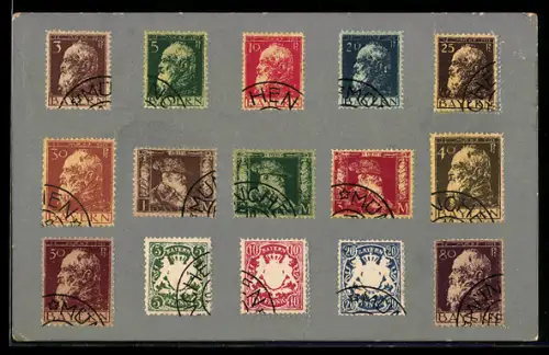 AK Bayrische Briefmarken mit Stempeln