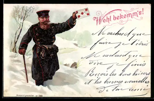 Lithographie Briefträger bringt einen Brief durch den Schnee