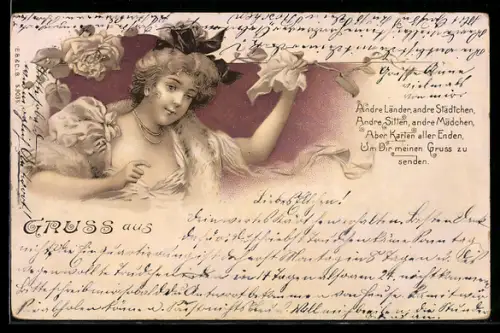 Lithographie Andre Länder..., Winkende junge Dame, Ansichtskartengeschichte