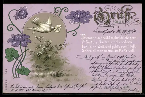 AK Weisse Taube mit Brief im Schnabel, Gedicht