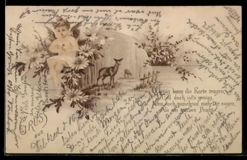 Lithographie Engelchen mit Margeriten, Gedicht Wenig kann die Karte tragen, Und doch...