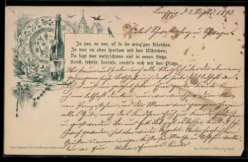 Lithographie Weinflasche und Teller, Ja jaa, ne nee, uf so än winz`gen Kärtchen...