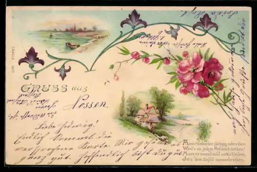 Lithographie Frühlingslandschaft, Ansichtskarten fleissig schreiben wird`s an jedem...