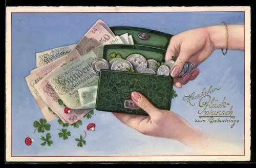 AK Portemonnaie voller Münzen und Reichsbanknoten, Klee