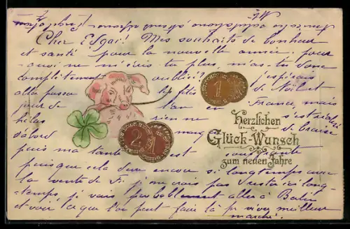 Präge-AK Glücksschwein mit klee und Münzen