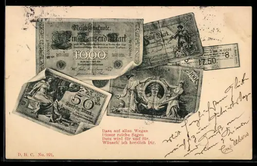 AK Dass auf allen Wegen..., Reichsbanknoten und Pfandbrief, Neujahrsgruss