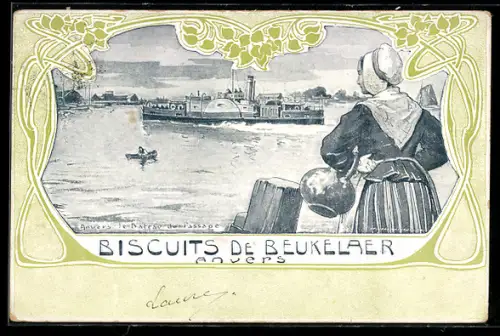 Lithographie Biscuits de Beukelaer, Frau am Hafen von Anvers