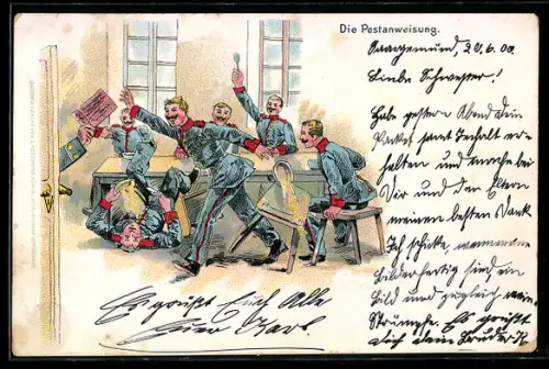 Lithographie Soldaten freuen sich über eine Postanweisung, Feldpost