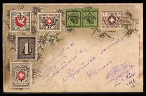 AK Verschiedene Briefmarken der Schweiz, Edelweiss