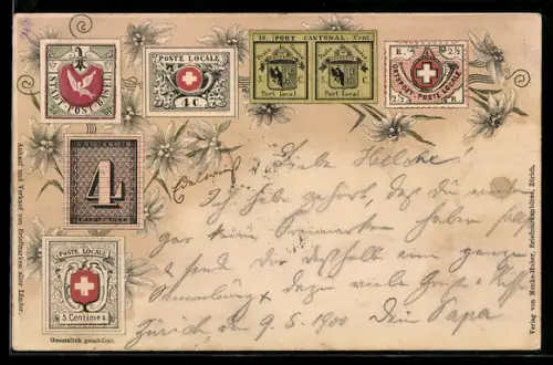Lithographie Schweizer Briefmarken mit Edelweiss