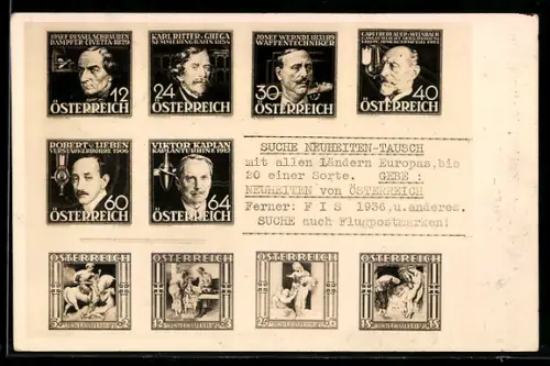 AK Österreicher Briefmarken, Karl Ritter, Josef Werndl, Viktor Kaplan