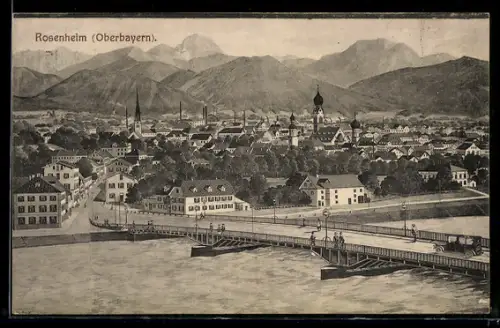 Künstler-AK Rosenheim, Ortspartie mit Brücke