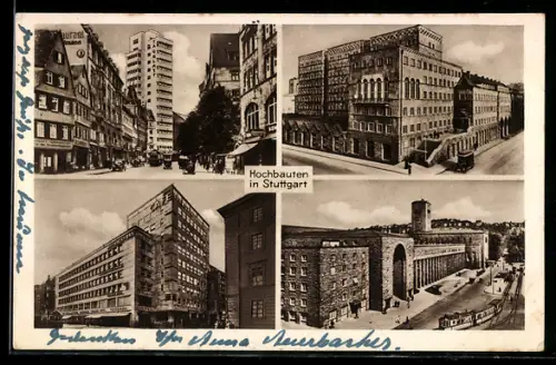 AK Stuttgart, Tagblatt-Hochhaus, Post-Hochhaus, Hauptbahnhof, Mittnachtbau