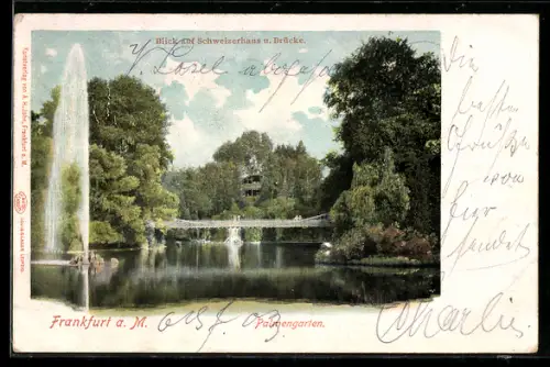 AK Frankfurt-Westend, Palmengarten aus Schweizerhaus und Brücke