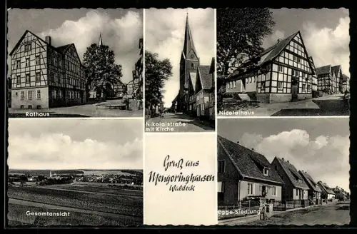 AK Mengeringhausen (Waldeck), Gesamtansicht, Rathaus, Nikolaistrasse mit Kirche, Nicolaihaus, Egge-Siedlung