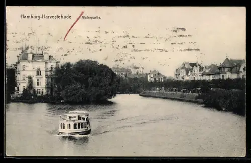 AK Hamburg-Harvestehude, Alsterpartie mit Boot