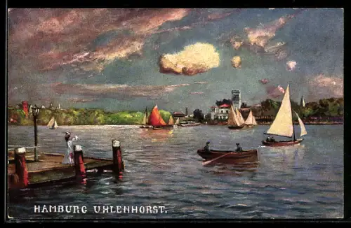 Künstler-AK Hamburg Uhlenhorst, Wasserpartie mit kleinen Seglern